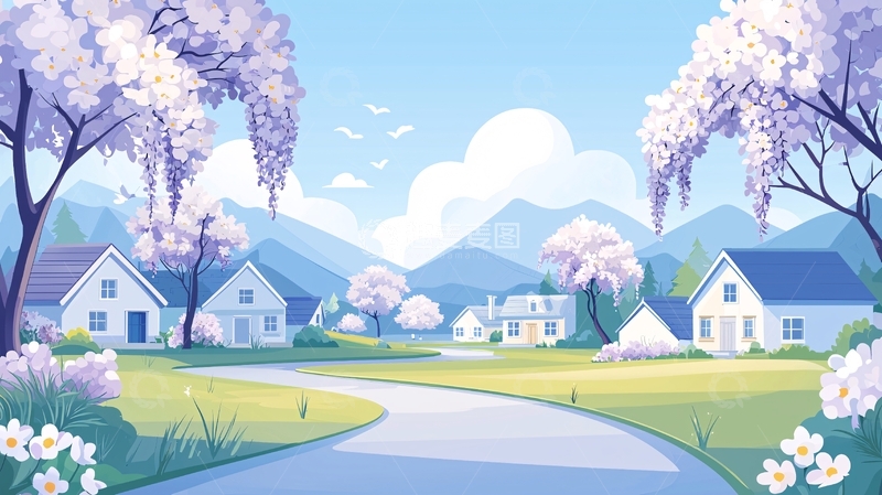 高清大图下载【趣麦麦图】春天开花的村庄风景