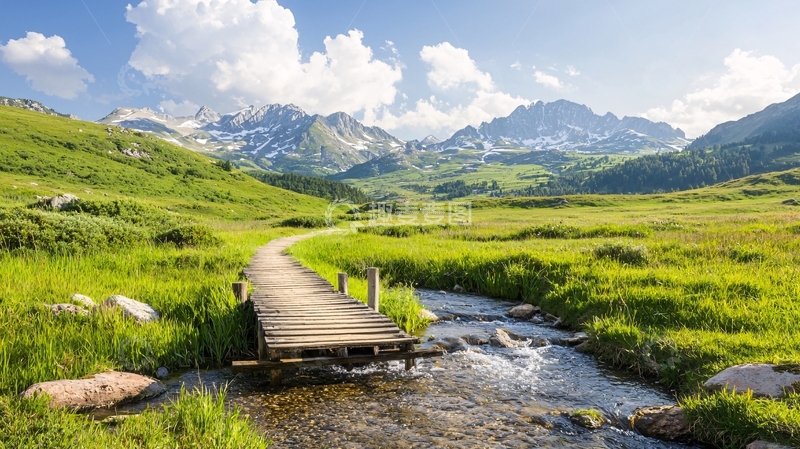 高清大图下载【趣麦麦图】绿草地木桥流水远山蓝天白云