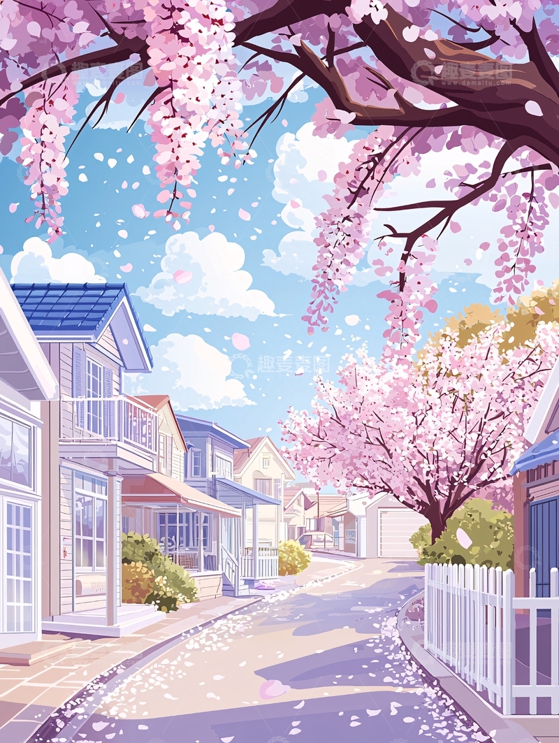 高清大图下载【趣麦麦图】樱花树下的街道房屋