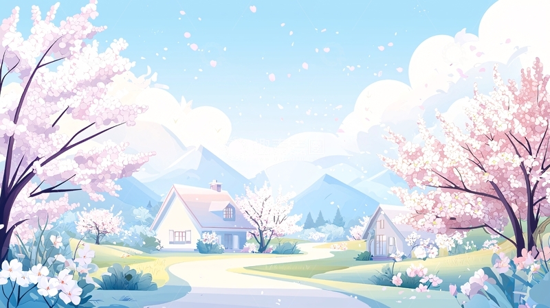 高清大图下载【趣麦麦图】春日盛景粉色樱花树下的小屋