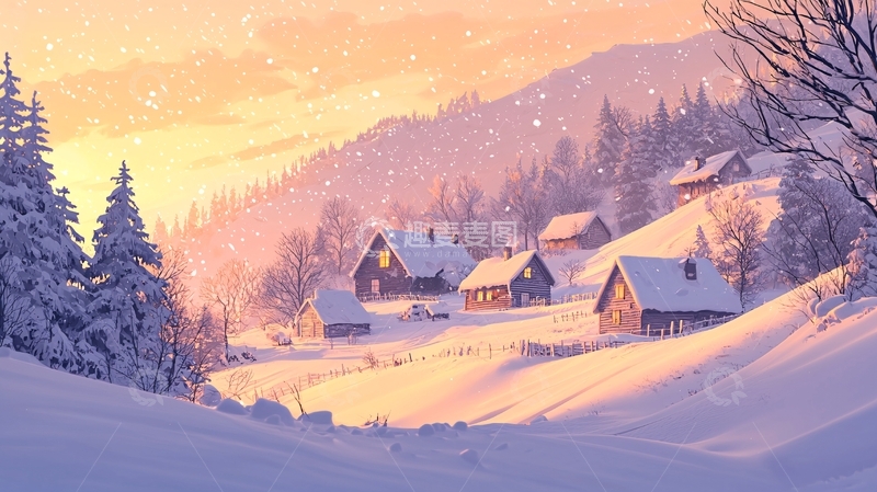 高清大图下载【趣麦麦图】雪山下的村庄小屋