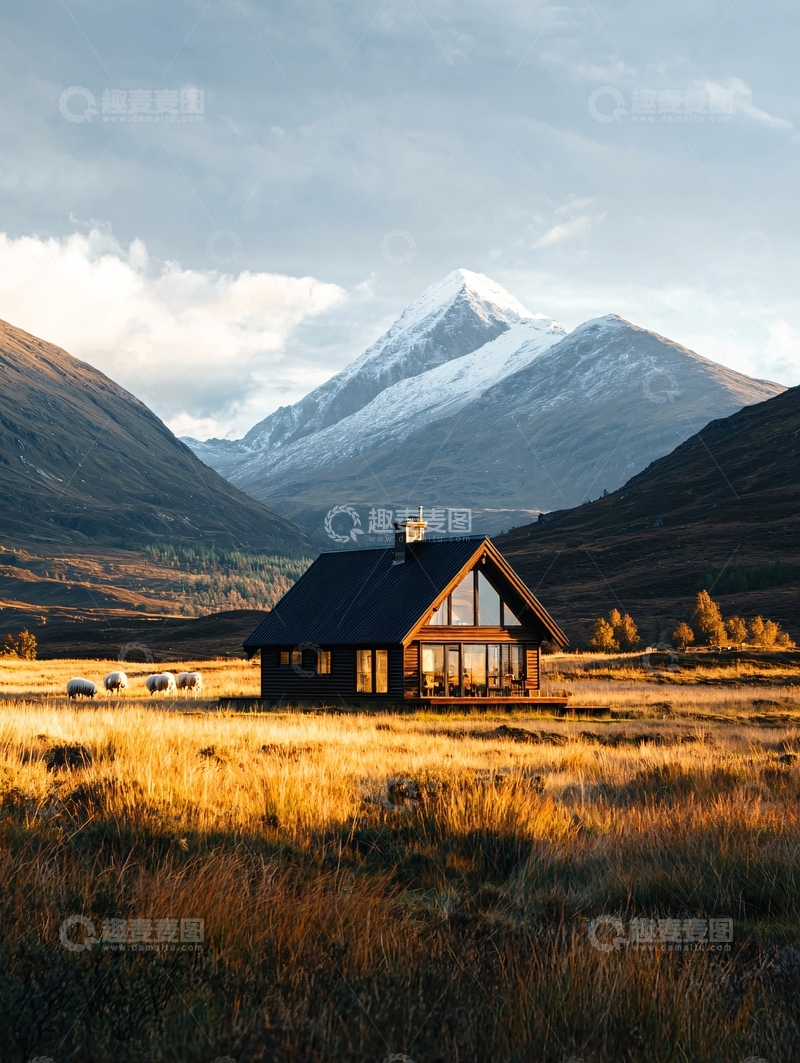 高清大图下载【趣麦麦图】山间小屋与雪山