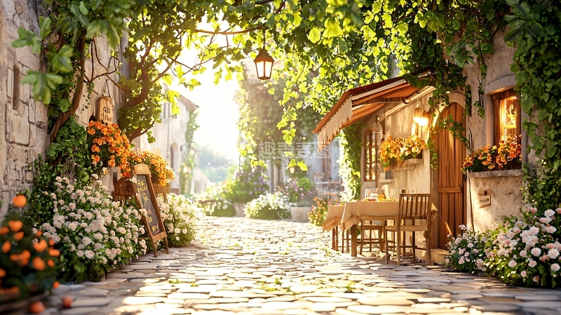高清大图下载【趣麦麦图】阳光明媚的石板路小镇