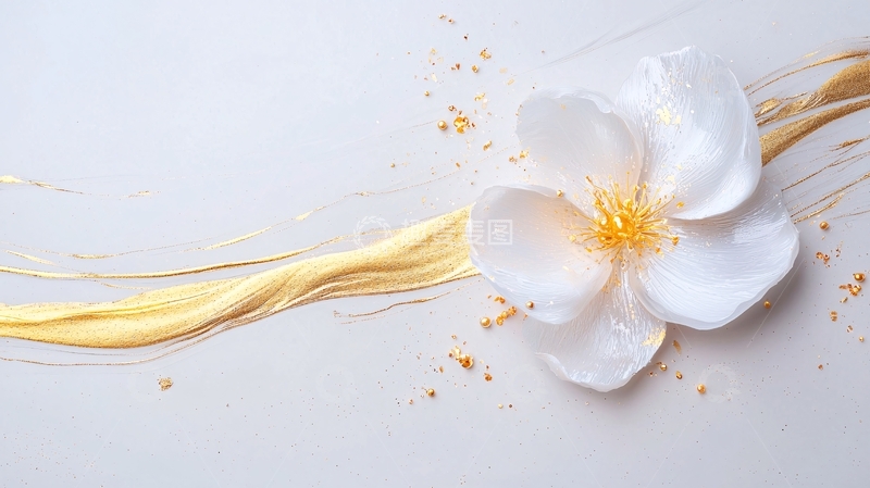 高清大图下载【趣麦麦图】金色流线与白色花朵的艺术设计