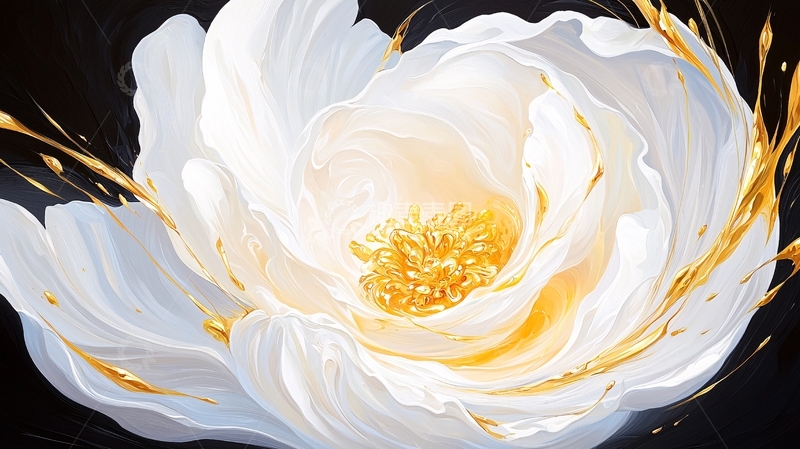 高清大图下载【趣麦麦图】金色液体环绕的白色花朵