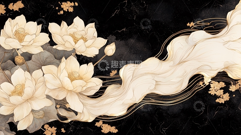 高清大图下载【趣麦麦图】金色莲花与云雾交织的艺术插画