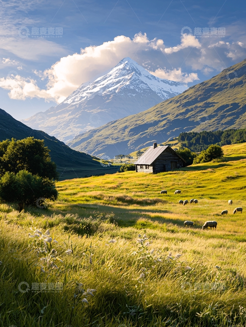 高清大图下载【趣麦麦图】阳光照耀下的山中小屋
