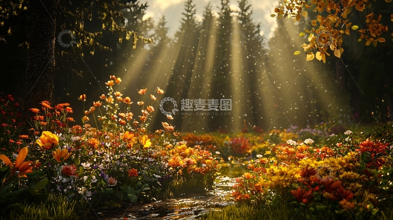 高清大图下载【趣麦麦图】阳光穿透树林照耀花丛