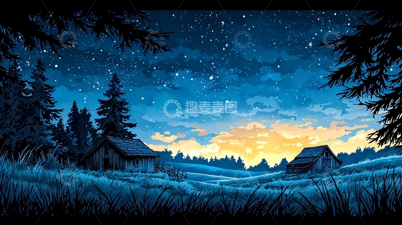高清大图下载【趣麦麦图】夜空下的田园小屋