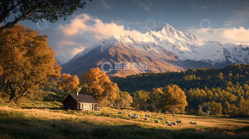 高清大图下载【趣麦麦图】秋日雪山下的田园小屋