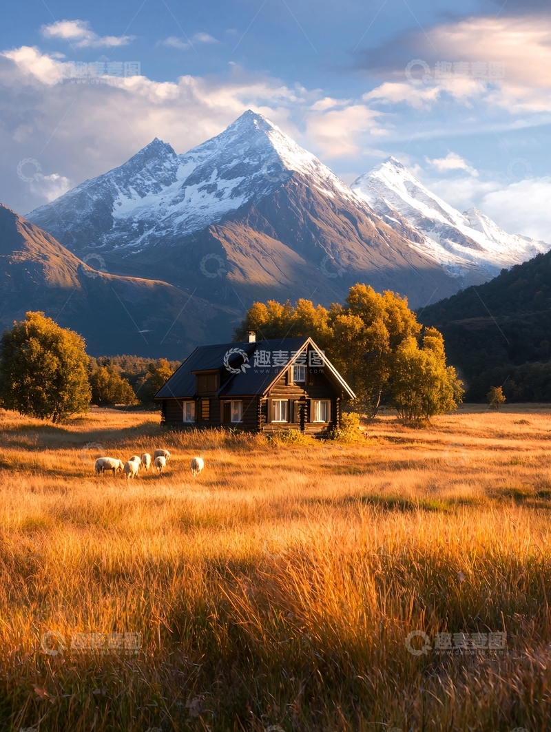 高清大图下载【趣麦麦图】山间小屋与雪山风光
