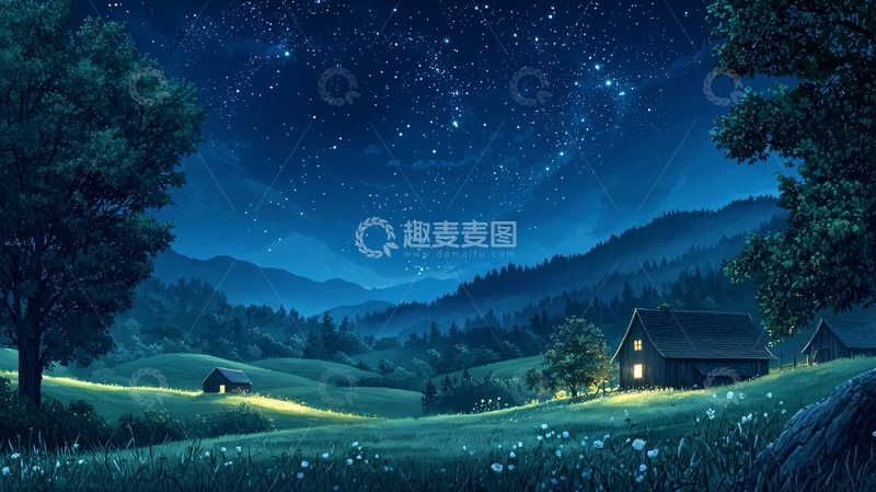 高清大图下载【趣麦麦图】星空下的田园小屋