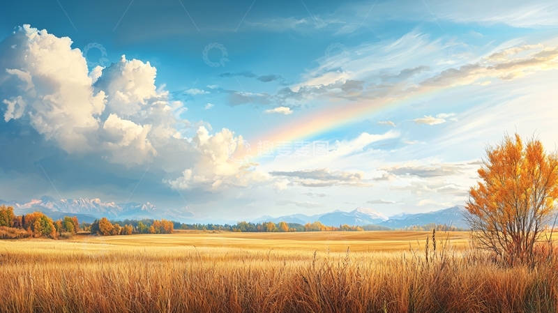 高清大图下载【趣麦麦图】田野彩虹晴空
