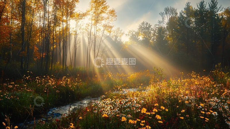 高清大图下载【趣麦麦图】阳光穿过树林的小溪