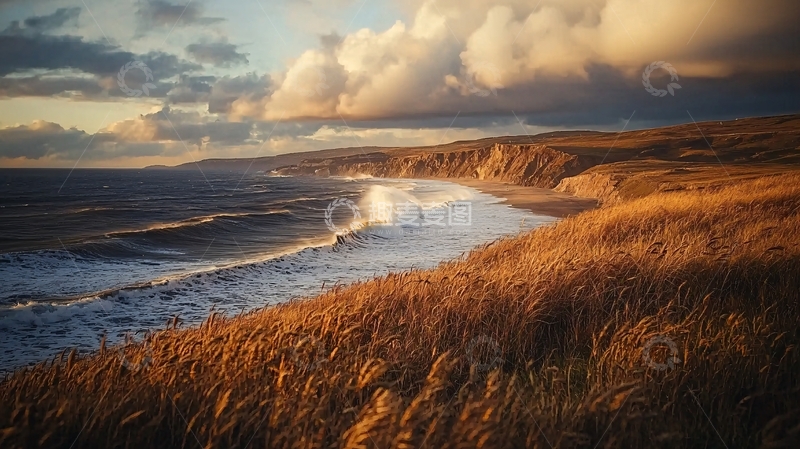 高清大图下载【趣麦麦图】海边金色草地夕阳风景