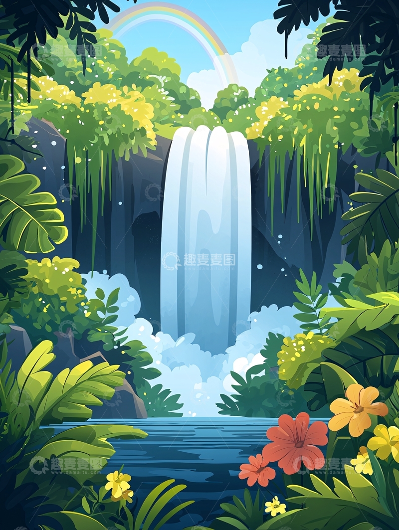 高清大图下载【趣麦麦图】热带雨林瀑布彩虹
