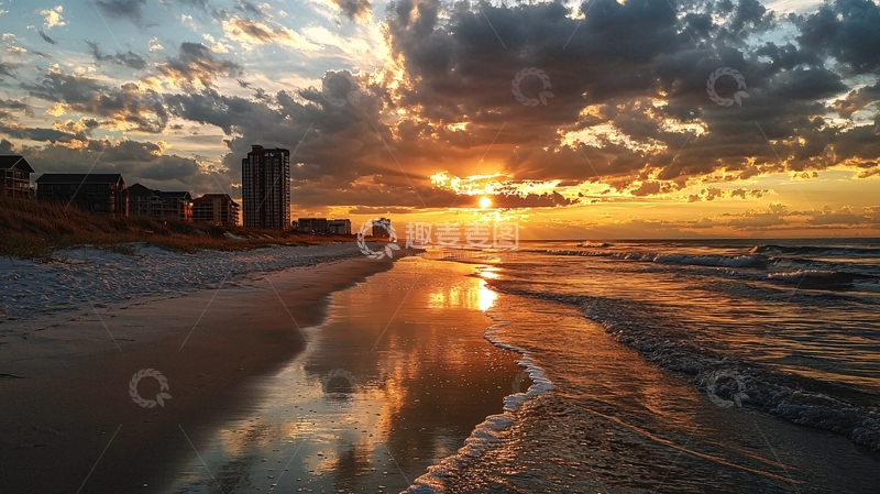 高清大图下载【趣麦麦图】海边日落金色云彩城市剪影