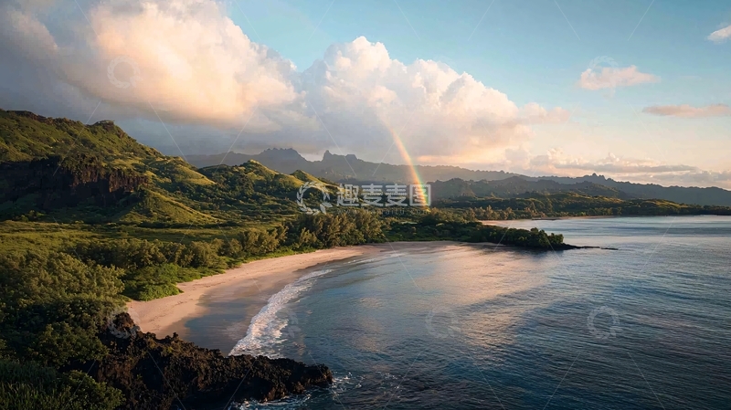 高清大图下载【趣麦麦图】海边山峦云朵阳光