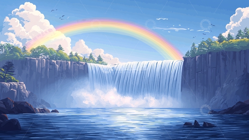 高清大图下载【趣麦麦图】卡通瀑布上的彩虹