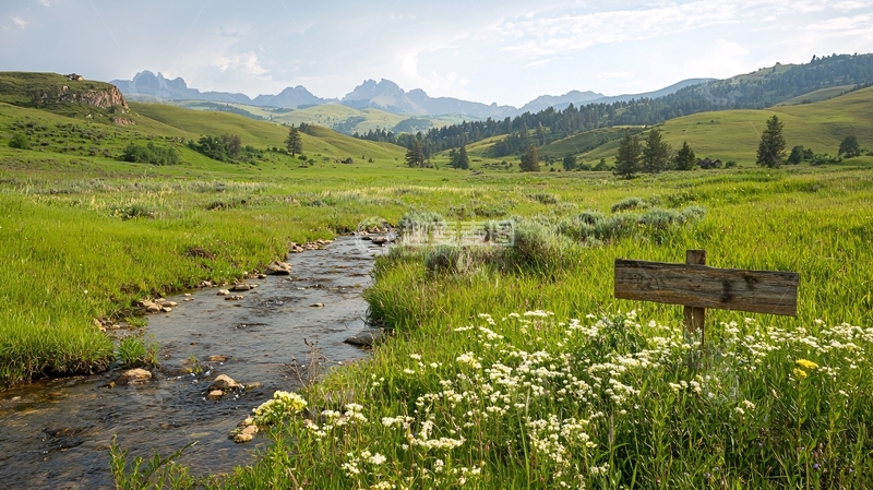 高清大图下载【趣麦麦图】草地溪流远山风景