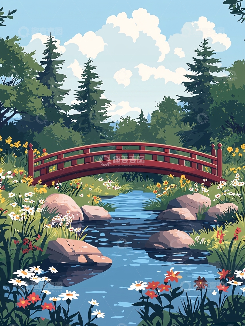 高清大图下载【趣麦麦图】卡通风格的桥流水风景
