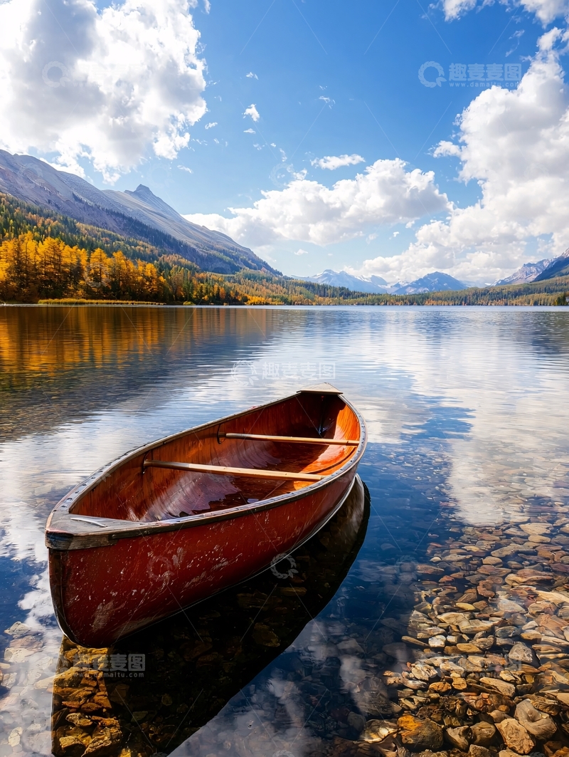 高清大图下载【趣麦麦图】宁静湖面上的独木舟