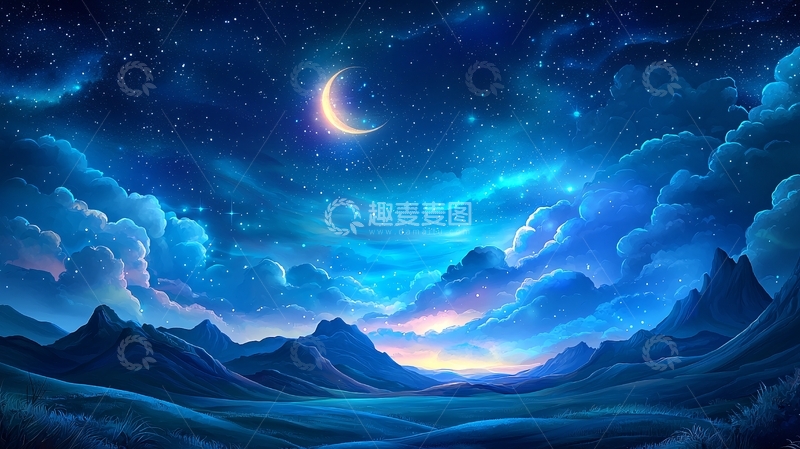 高清大图下载【趣麦麦图】梦幻星空月夜场景图