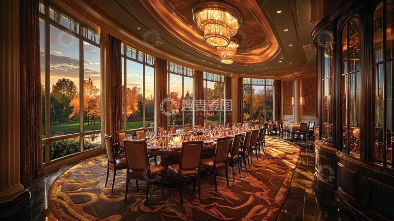 高清大图下载【趣麦麦图】豪华餐厅落地窗晚霞