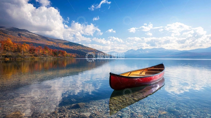 高清大图下载【趣麦麦图】平静湖面上的红色独木舟