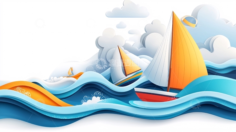 高清大图下载【趣麦麦图】卡通帆船海浪云朵