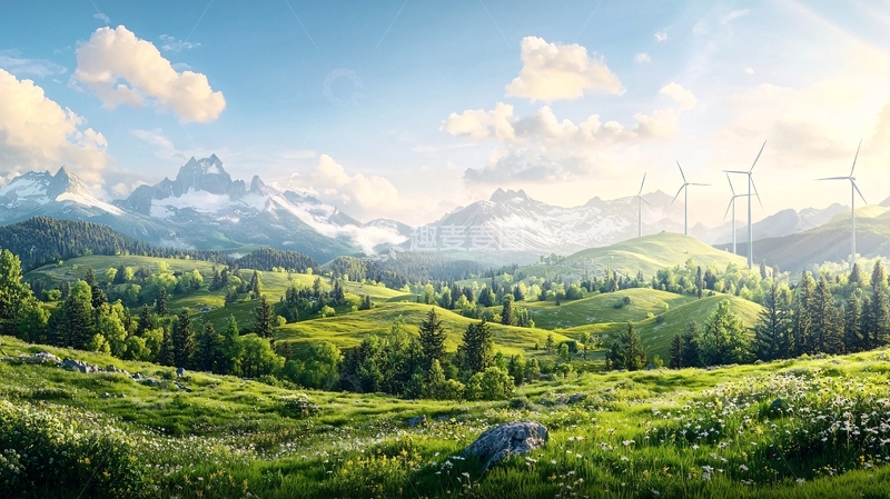 高清大图下载【趣麦麦图】绿色山丘上的风力涡轮机