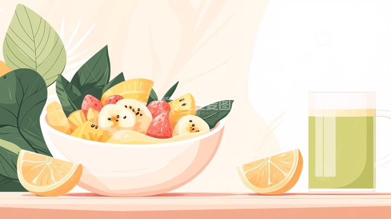 水果沙拉和绿色饮品