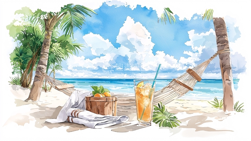 高清大图下载【趣麦麦图】海边沙滩度假风插画