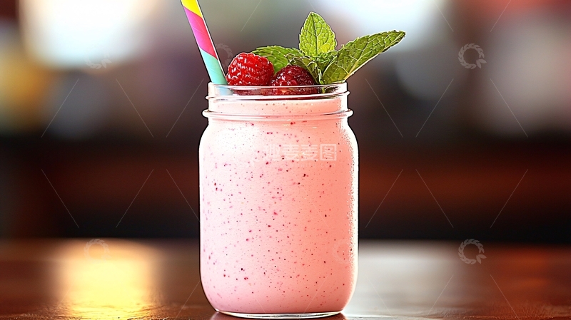高清大图下载【趣麦麦图】粉色奶昔搭配树莓薄荷