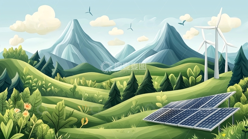 高清大图下载【趣麦麦图】绿色山丘上的太阳能板