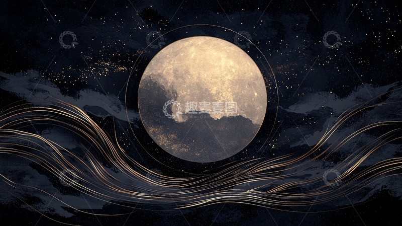 高清大图下载【趣麦麦图】夜空中的满月与波浪