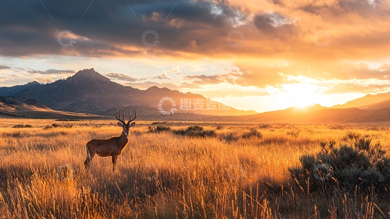 高清大图下载【趣麦麦图】夕阳下的草原鹿