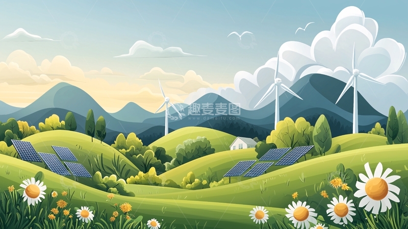 高清大图下载【趣麦麦图】风车点缀的绿色田园风光