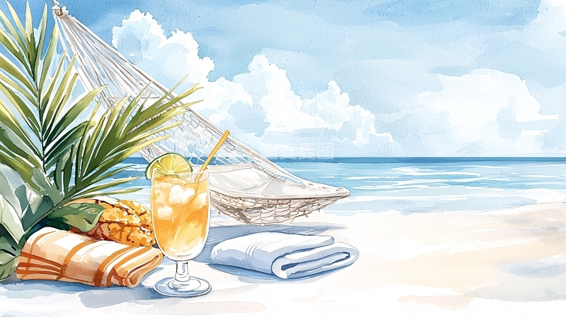 高清大图下载【趣麦麦图】海滩度假风清新插画