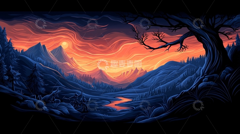 高清大图下载【趣麦麦图】奇幻风景黄昏山峦河流