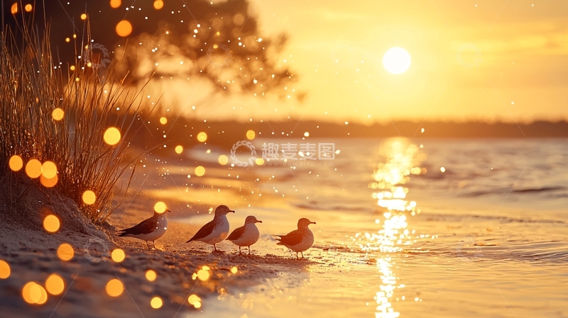 高清大图下载【趣麦麦图】夕阳海滩上的海鸥