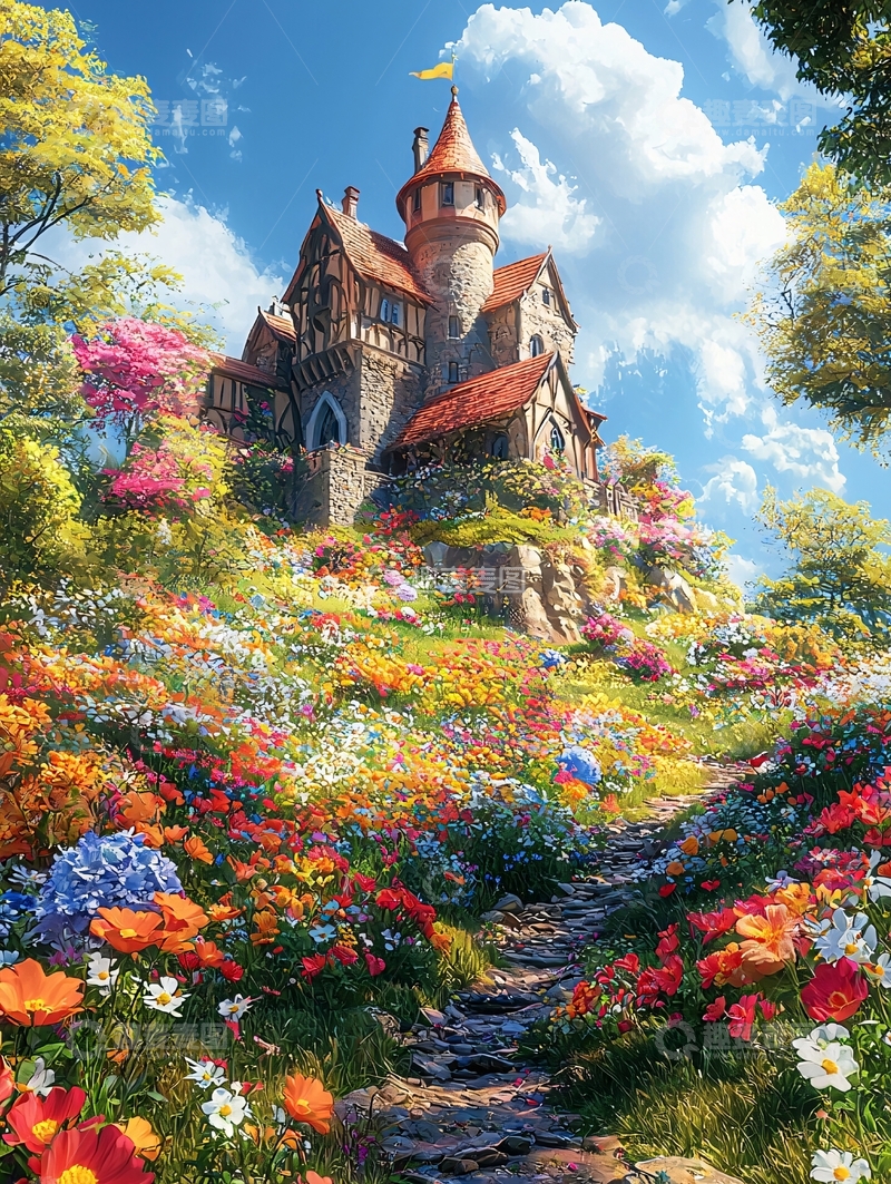 高清大图下载【趣麦麦图】童话城堡鲜花盛开的山坡