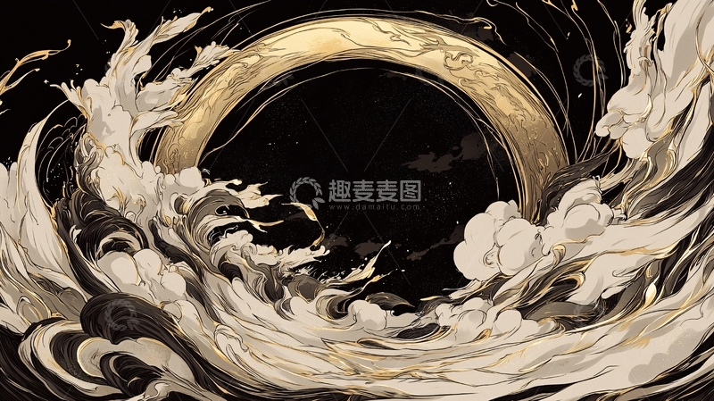 高清大图下载【趣麦麦图】金色漩涡与云雾的艺术插画