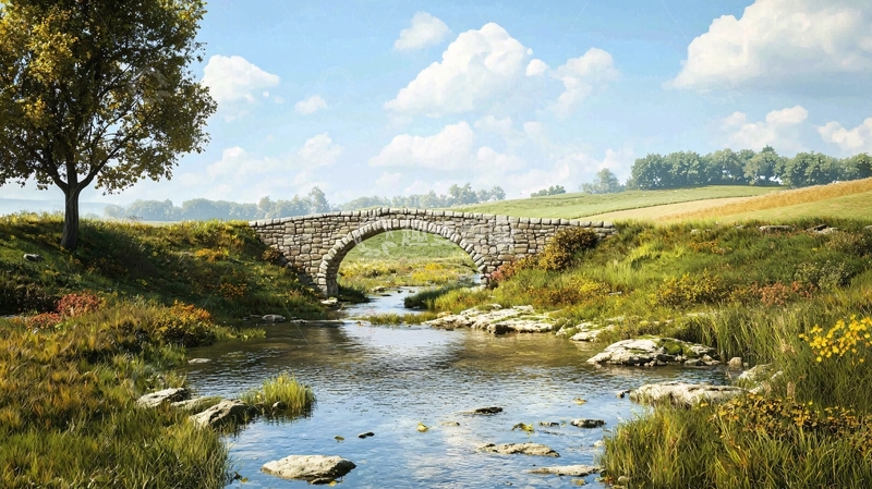 高清大图下载【趣麦麦图】田园风光石桥流水