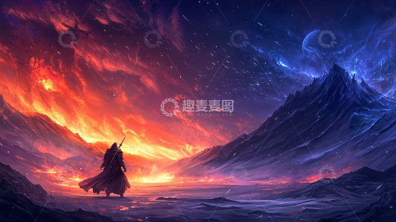 高清大图下载【趣麦麦图】红蓝撞色天空下的山