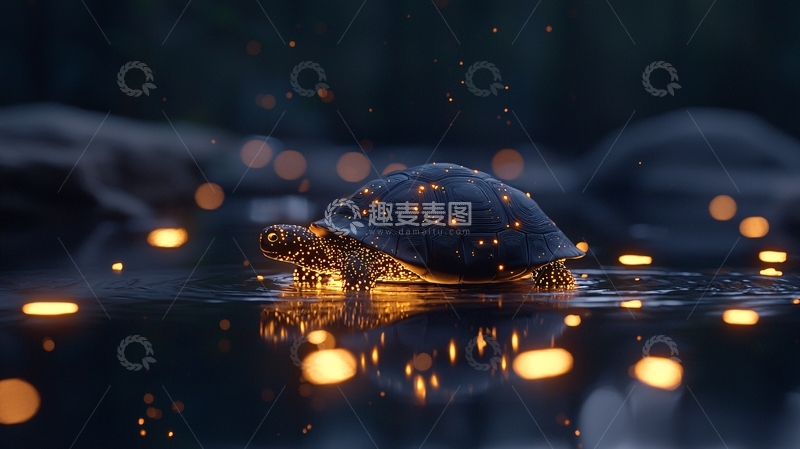 高清大图下载【趣麦麦图】-夜晚水中的发光乌龟
