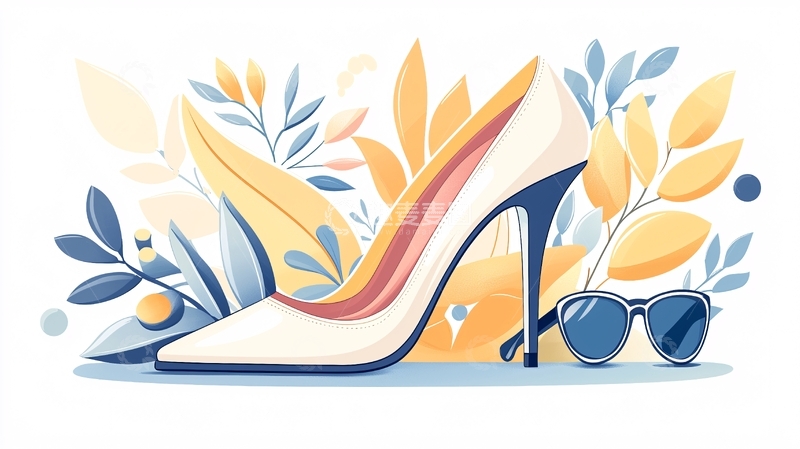高清大图下载【趣麦麦图】白色高跟鞋与墨镜花卉