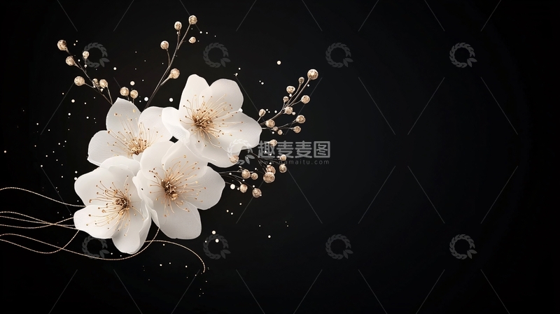 高清大图下载【趣麦麦图】白色花朵与金色点缀的艺术插画