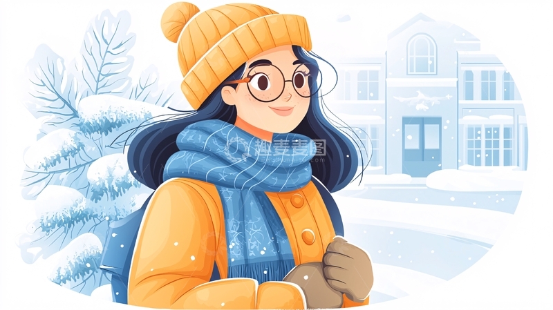 高清大图下载【趣麦麦图】戴帽子围巾的女孩在雪地里