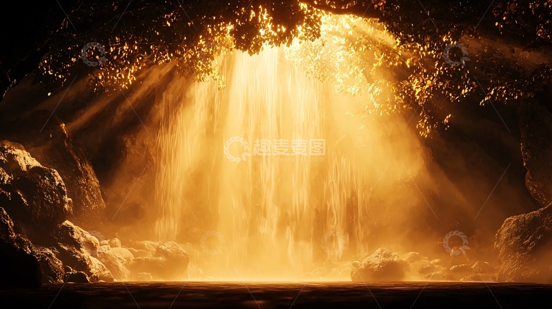 高清大图下载【趣麦麦图】金色瀑布下的神秘洞穴